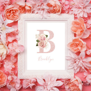 Flickigt blekt roséguld glitter blomstermonogram B Poster