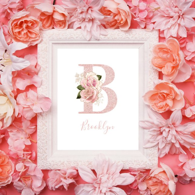 Flickigt blekt roséguld glitter blomstermonogram B Poster (Floral B Monogram Poster)