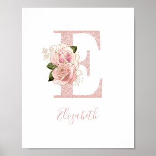 Flickigt blekt roséguld glitter blomstermonogram E Poster