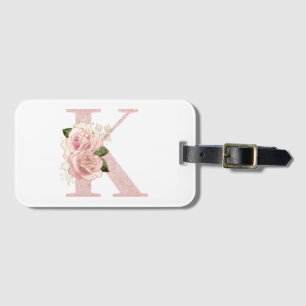 Flickigt blekt roséguld glitter blomstermonogram K Bagagebricka