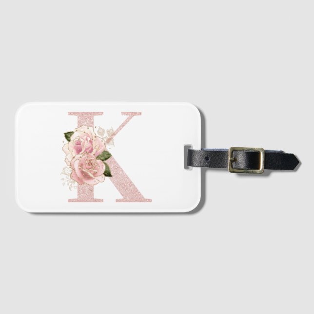 Flickigt blekt roséguld glitter blomstermonogram K Bagagebricka (Framsida horisontal)
