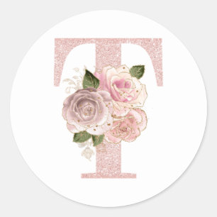 Flickigt blekt roséguld glitter blomstermonogram T Runt Klistermärke