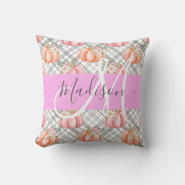 Flickigt blommigt grått rosa peach pumpor monogram kudde (Framsida)