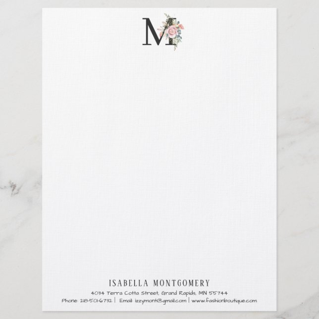 Flickigt blomsterakvarell Boho | Monogram Brevhuvud (Framsida)