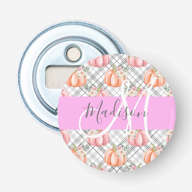 Flickigt blomstergriått rosa peach pumpor monogram flasköppnare (Framsidan)