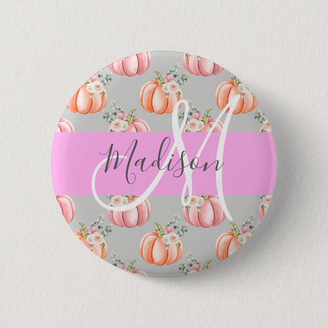Flickigt blomstergriått rosa peach pumpor monogram knapp (Framsida)