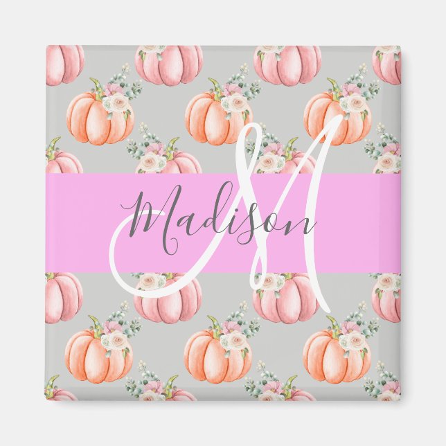 Flickigt blomstergriått rosa peach pumpor monogram magnet (Framsidan)