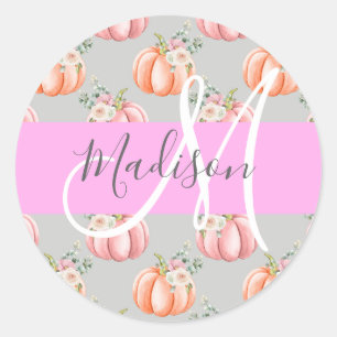 Flickigt blomstergriått rosa peach pumpor monogram runt klistermärke