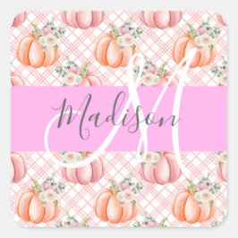 Flickigt Chic Blommig Rosa Persika Pumpa Monogram  Fyrkantigt Klistermärke