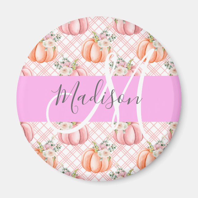Flickigt Chic Blommig Rosa Persika Pumpa Monogram  Magnet (Framsidan)