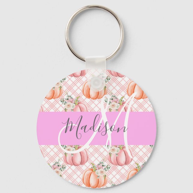 Flickigt Chic Blommig Rosa Persika Pumpa Monogram  Nyckelring (Framsida)