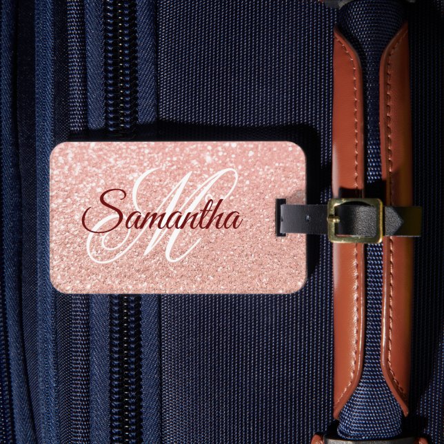 Flickigt falskt roséguld glitter med monogram bagagebricka (Framsida Insitu 4)