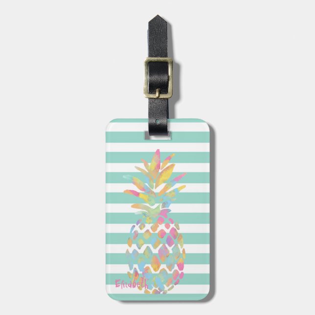Flickigt färgglad Ananas Mint  Vita Ränder Bagagebricka (Vertikal Framsida)