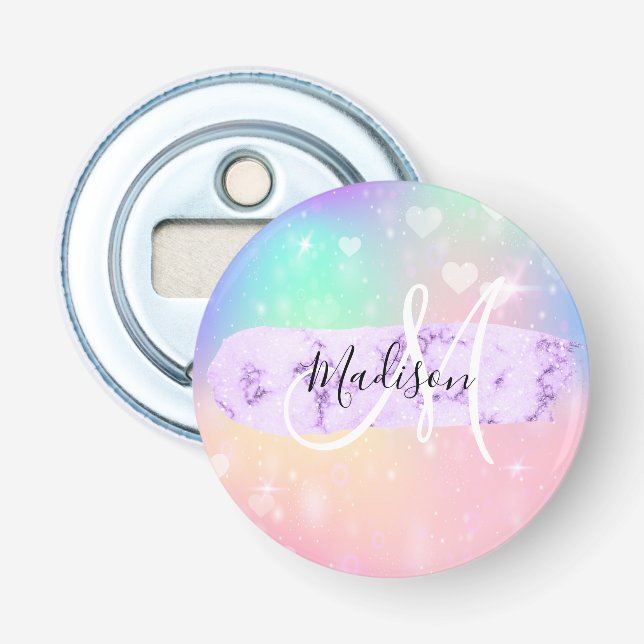 Flickigt färgglatt enhörning regnbåge hjärtan mono flasköppnare (Framsidan)