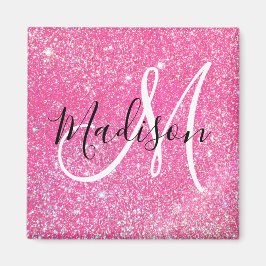 Flickigt Glamour Rosa Glitter Gnistrar Monogram Na Magnet