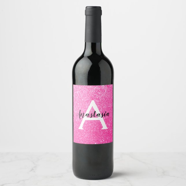 Flickigt Glamour Rosa Glitter Gnistrar Monogram Na Vinflaska Etikett (Framsida)