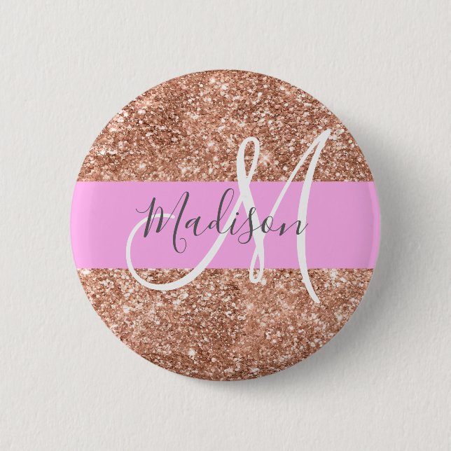 Flickigt Glamour Rosa Persika Guld Glitter Monogra Knapp (Framsida)