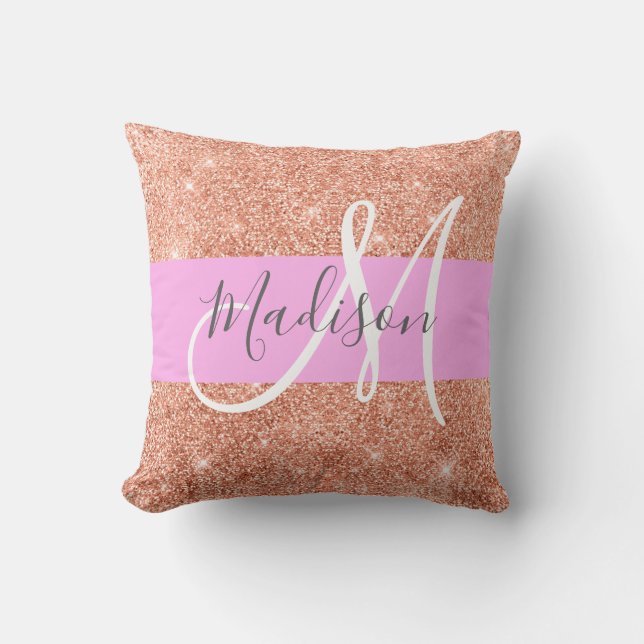 Flickigt Glamour Rosa Persika Guld Glitter Monogra Kudde (Framsida)