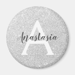 Flickigt Glamour Silver Glitter Gnist Monogram Nam Magnet