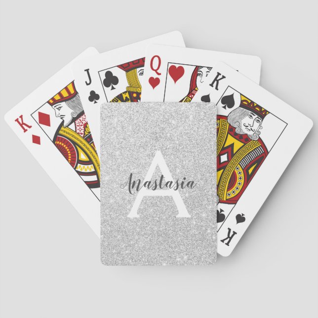 Flickigt Glamour Silver Glitter Gnistrar Monogram  Casinokort (Baksidan)