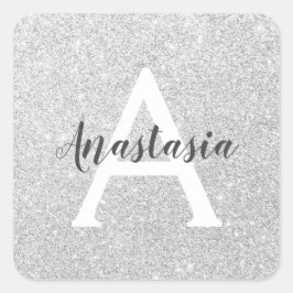 Flickigt Glamour Silver Glitter Gnistrar Monogram  Fyrkantigt Klistermärke