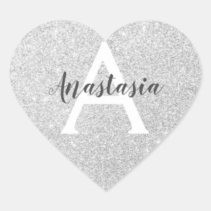 Flickigt Glamour Silver Glitter Gnistrar Monogram  Hjärtformat Klistermärke