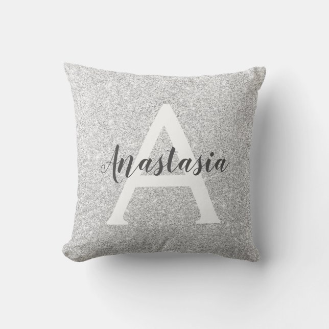 Flickigt Glamour Silver Glitter Gnistrar Monogram  Kudde (Framsida)