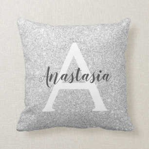 Flickigt Glamour Silver Glitter Gnistrar Monogram  Kudde