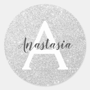 Flickigt Glamour Silver Glitter Gnistrar Monogram Runt Klistermärke