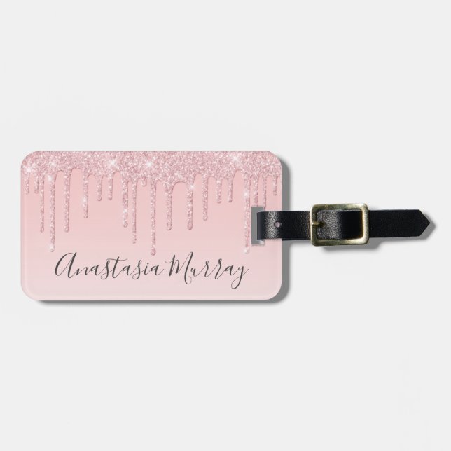 Flickigt Glamourös Rosa Rosa Guld Glitterdroppar N Bagagebricka (Horisontell Framsida)