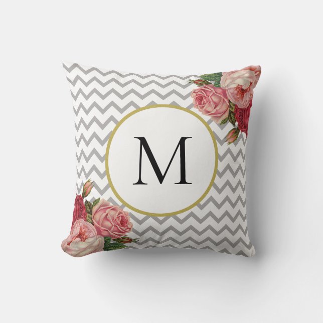 Flickigt grått vitt chevron vintage blomster monog kudde (Framsida)