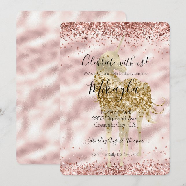Flickigt Guld Enhörning Rosa Glitter Gnistra Konfe Inbjudningar (Fram/baksida)