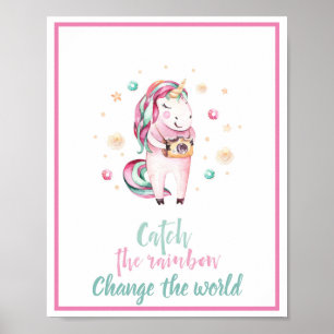 Flickigt Inspirerande Rosa Enhörning Fånga Regnbåg Poster