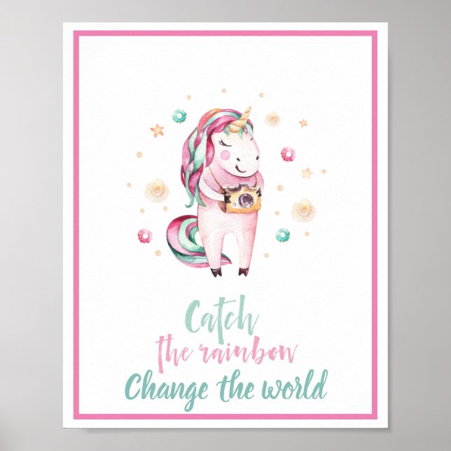 Flickigt inspirerande rosa enhörning fånga regnbåg poster (Framsidan)