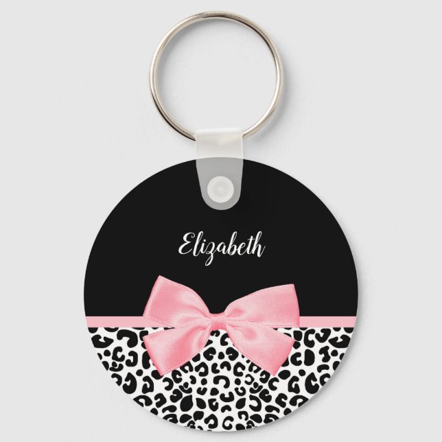 Flickigt leopardtryck med rosa rosett och namn nyckelring (Framsida)