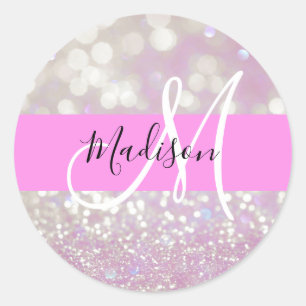 Flickigt lila skimrande glitter glans Monogram nam Runt Klistermärke