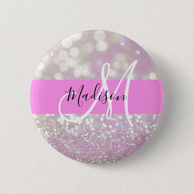 Flickigt lila skimrande glitterblixtar monogramnam knapp (Framsida)