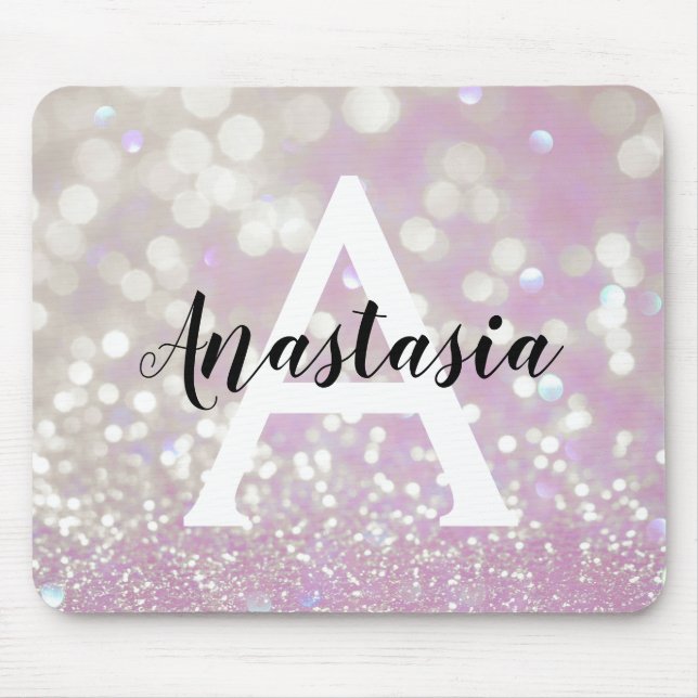 Flickigt lila skimrande glitterblixtar monogramnam musmatta (Framsidan)