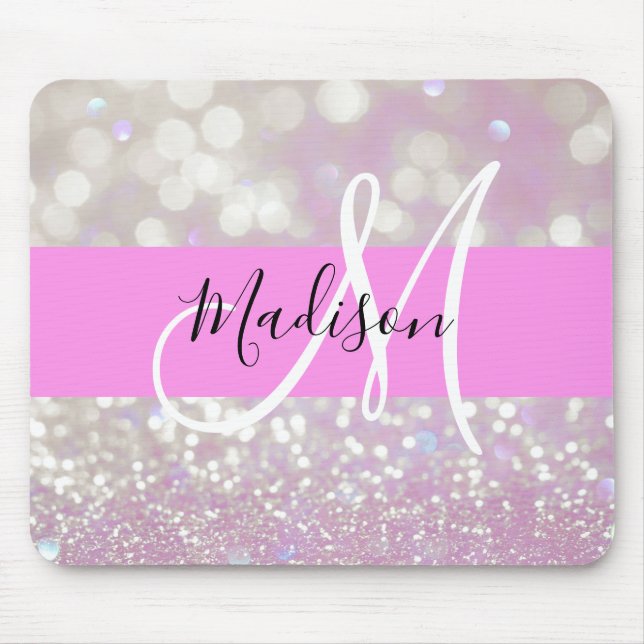 Flickigt lila skimrande glitterblixtar monogramnam musmatta (Framsidan)