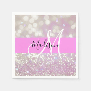 Flickigt lila skimrande glitterblixtar monogramnam pappersservett