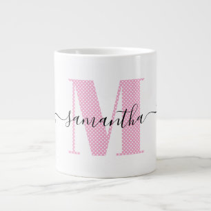 Flickigt ljusrosa och vitt prickigt monogram jumbo mugg