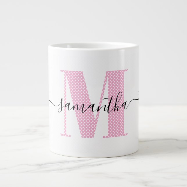 Flickigt ljusrosa och vitt prickigt monogram jumbo mugg (Framsidan)