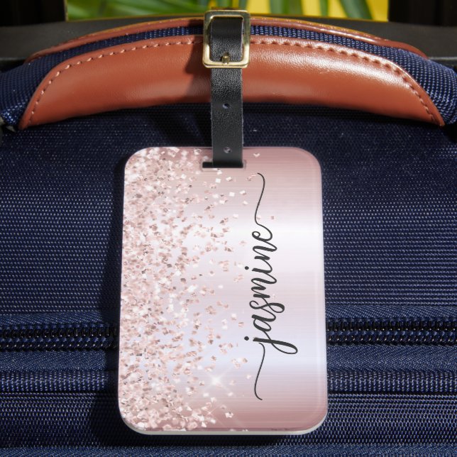 Flickigt Metallic Rosa Guld Glitter Förnamn Script Bagagebricka (Framsida Insitu 2)