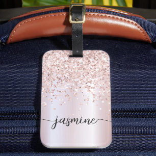 Flickigt Metallic Rosa Guld Glitter Monogram Namn Bagagebricka