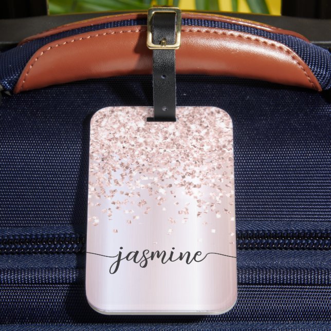 Flickigt Metallic Rosa Guld Glitter Monogram Namn  Bagagebricka (Framsida Insitu 2)