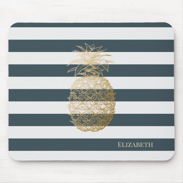 Flickigt modern chic guld ananas ränder musmatta (Framsidan)