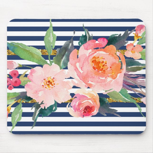 Flickigt modernt chic vattenfärg blommor -randigt musmatta (Framsidan)