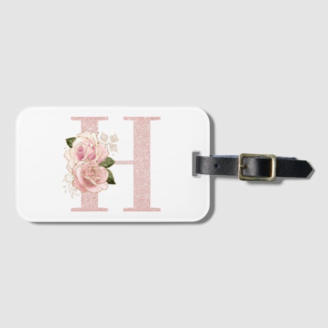 Flickigt monogram H med rosa guldglitter och blomm Bagagebricka (Framsida horisontal)