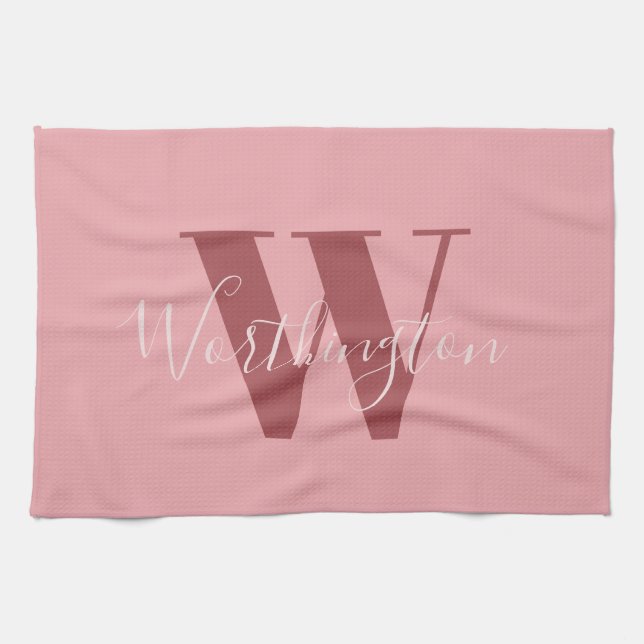 Flickigt monogram och namn rosa rodnad röd kökshandduk (Horisontell)