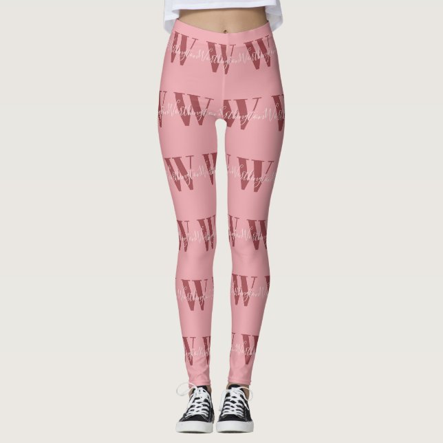Flickigt monogram och namn rosa rodnad röd leggings (Framsida)